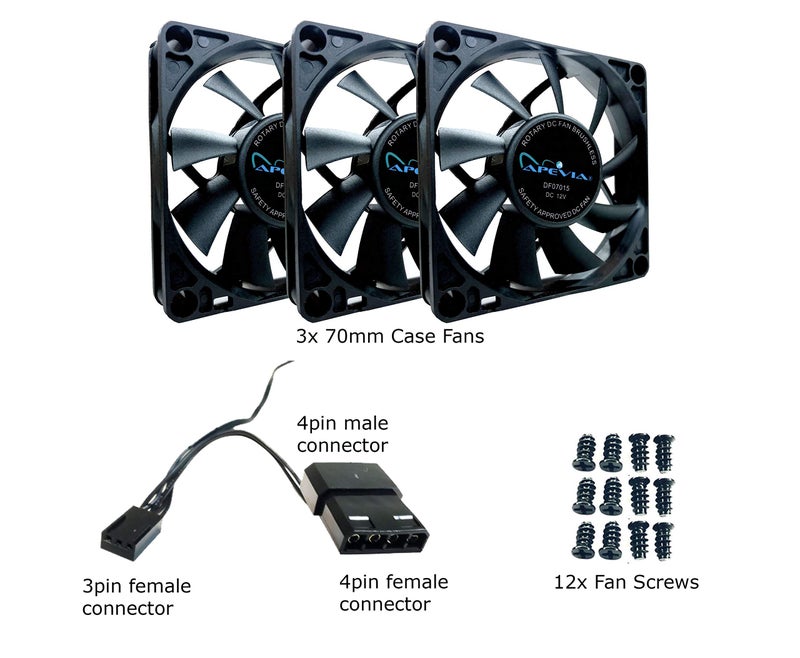 Apevia CF7015S-3 (3 Pk) 70mm x 70mm x15mm Black Case Fan W/4PIN Molex + 3PIN Motherboard Adapter - Image 4